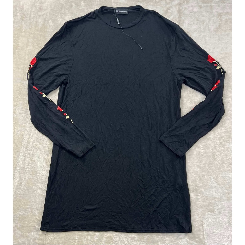 PrettyLittleThing Black Rose Graphic T-Shirt Dress Long Sleeve Size 8 UK Made